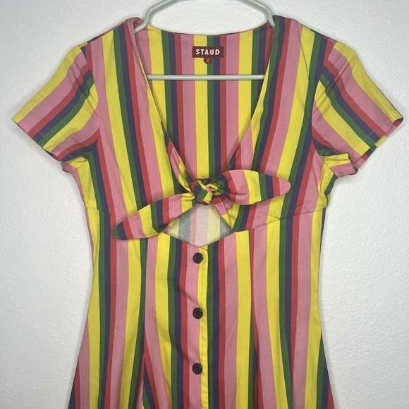 STAUD Alice Pink Colorful Rainbow Striped Poplin V-Neck Tie-Front Dress Sz 2 - Picture 6 of 14